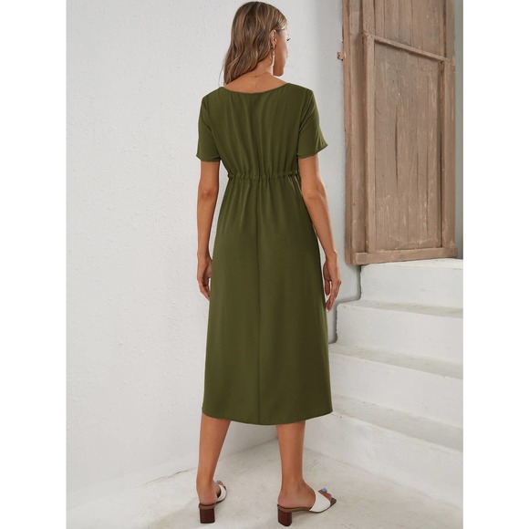 Maternity Drawstring Waist short sleeve midi Dress orange - Picture 4 of 11